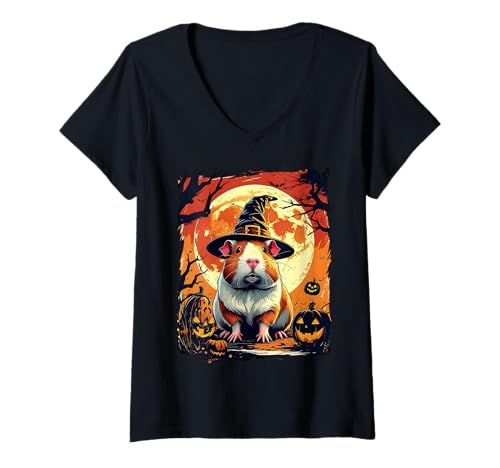 Damen Funny Witch Guinea Pig Pumpkins Halloween Ghost Spooky Lover T-Shirt mit V-Ausschnitt Damen Funny Witch Guinea Pig Pumpkins Halloween Ghost Spooky Lover T-Shirt mit V-Ausschnitt von Halloween Ghost Spooky Pumpkins By GnineZa