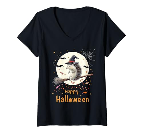 Damen Funny Witch Hedgehog Candy Spooky Ghost Halloween Costume T-Shirt mit V-Ausschnitt Damen Funny Witch Hedgehog Candy Spooky Ghost Halloween Costume T-Shirt mit V-Ausschnitt von Halloween Ghost Spooky Pumpkins By GnineZa