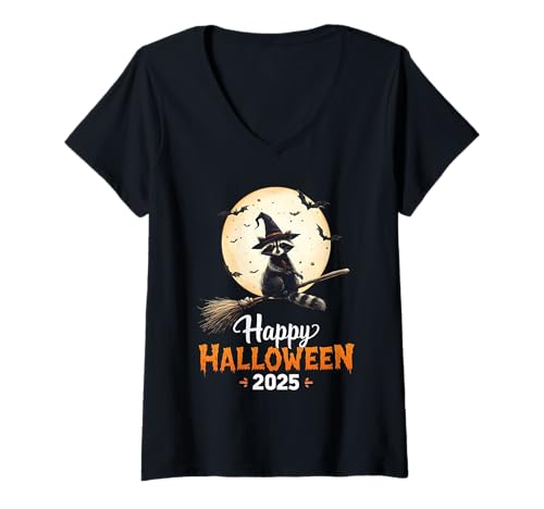 Damen Funny Witch Raccoon Candy Spooky Ghost Halloween Costume T-Shirt mit V-Ausschnitt Damen Funny Witch Raccoon Candy Spooky Ghost Halloween Costume T-Shirt mit V-Ausschnitt von Halloween Ghost Spooky Pumpkins By GnineZa