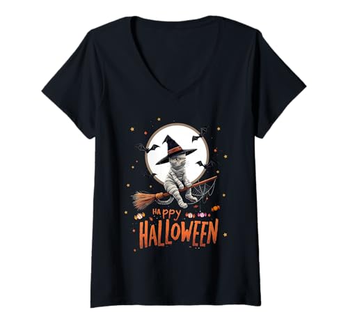 Damen Mummy Cat Witch Candy Spooky Ghost Happy Halloween Costume T-Shirt mit V-Ausschnitt Damen Mummy Cat Witch Candy Spooky Ghost Happy Halloween Costume T-Shirt mit V-Ausschnitt von Halloween Ghost Spooky Pumpkins By GnineZa
