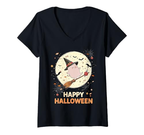 Damen Pig Witch Candy Spooky Ghost Piglet Farmer Halloween Costume T-Shirt mit V-Ausschnitt Damen Pig Witch Candy Spooky Ghost Piglet Farmer Halloween Costume T-Shirt mit V-Ausschnitt von Halloween Ghost Spooky Pumpkins By GnineZa