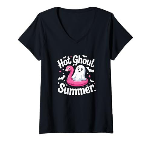 Damen Heißer Ghul Sommerflamingo Ghost Summerween T-Shirt mit V-Ausschnitt Damen Heißer Ghul Sommerflamingo Ghost Summerween T-Shirt mit V-Ausschnitt von Halloween Ghost Summer Flamingo - DressedForDuty