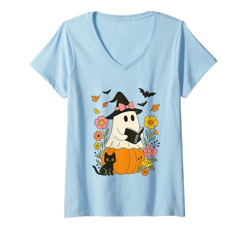Damen Ghost Witch Lesebuch über Kürbis T-Shirt mit V-Ausschnitt Damen Ghost Witch Lesebuch über Kürbis T-Shirt mit V-Ausschnitt von Halloween Ghost Witch Black Cat Autumn