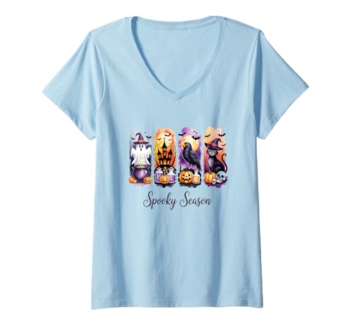 Damen Gruselige Jahreszeit: Ghost Witch Cat Halloween T-Shirt mit V-Ausschnitt Damen Gruselige Jahreszeit: Ghost Witch Cat Halloween T-Shirt mit V-Ausschnitt von Halloween Ghost Witch Cat Pumpkin Raven