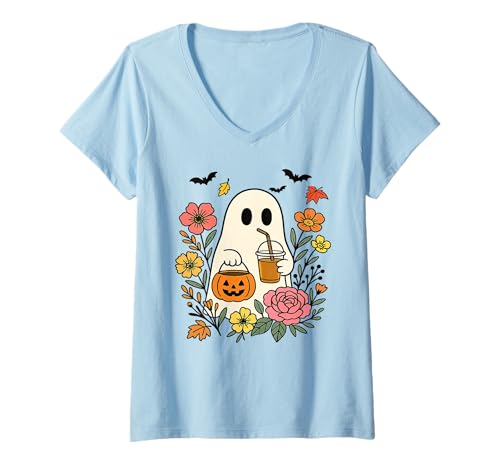 Damen Halloween Ghost Coffee Flowers for Girls T-Shirt mit V-Ausschnitt Damen Halloween Ghost Coffee Flowers for Girls T-Shirt mit V-Ausschnitt von Halloween Ghost for lover Flowers women