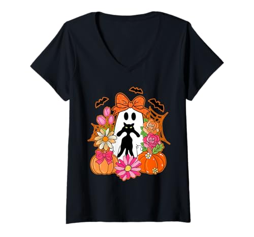 Damen Halloween-Geist hält Schwarze Katze in der Hand, grooviges Blumenmuster T-Shirt mit V-Ausschnitt Damen Halloween-Geist hält Schwarze Katze in der Hand, grooviges Blumenmuster T-Shirt mit V-Ausschnitt von Halloween- Ghost gift