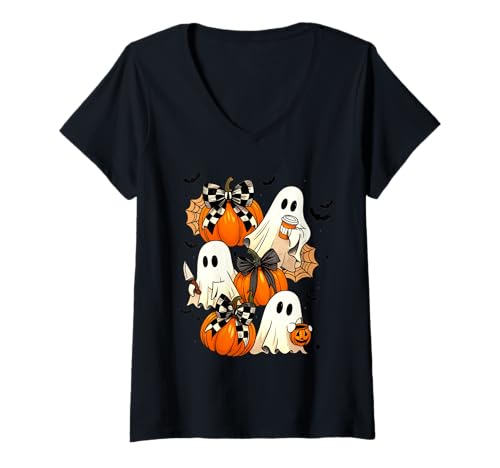 Damen Halloween Ghost-Kokette Schleife Kürbis Geist Gruseliger Boo T-Shirt mit V-Ausschnitt Damen Halloween Ghost-Kokette Schleife Kürbis Geist Gruseliger Boo T-Shirt mit V-Ausschnitt von Halloween- Ghost gift