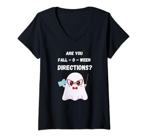 Damen Bist du der Halloween-Geist von Fall O Ween Directions Teacher T-Shirt mit V-Ausschnitt von Halloween Ghost