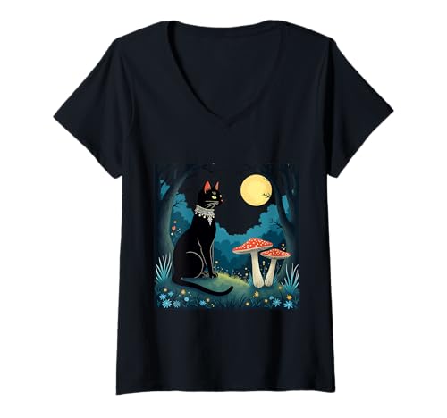 Damen Eine vertraute schwarze Katze und Fliegenpilze, Halloween-Illustration 1 T-Shirt mit V-Ausschnitt von Halloween Ghostly Gifts & Creepy Tees by taiche