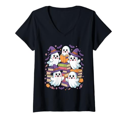 Damen Ghost Reading Books Halloween - Gruselige Bibliothekarin T-Shirt mit V-Ausschnitt Damen Ghost Reading Books Halloween - Gruselige Bibliothekarin T-Shirt mit V-Ausschnitt von Halloween Ghostly Pages Apparel