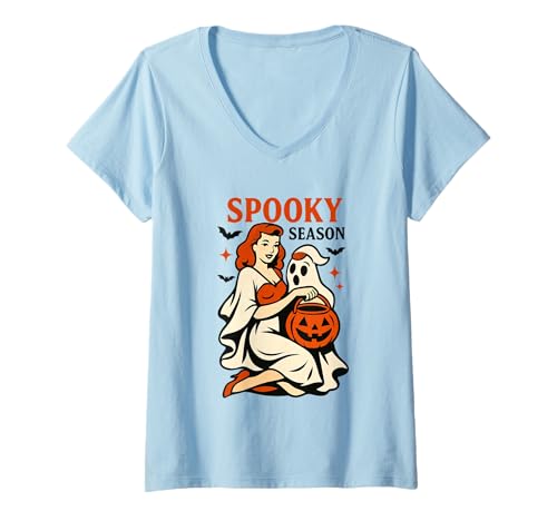 Damen Gruselige Jahreszeit Retro Halloween Vibe T-Shirt mit V-Ausschnitt Damen Gruselige Jahreszeit Retro Halloween Vibe T-Shirt mit V-Ausschnitt von Halloween Ghostly Vintage Aesthetic