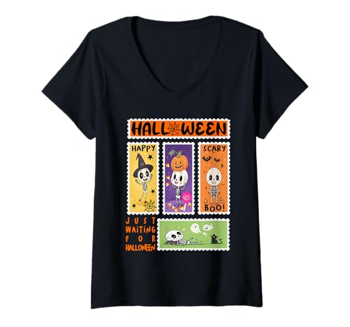 Damen Halloween Porto Stempel Retro Skeleton Halloween Kinder T-Shirt mit V-Ausschnitt Damen Halloween Porto Stempel Retro Skeleton Halloween Kinder T-Shirt mit V-Ausschnitt von Halloween Ghosts Skelettkürbis Hexen -Outfits
