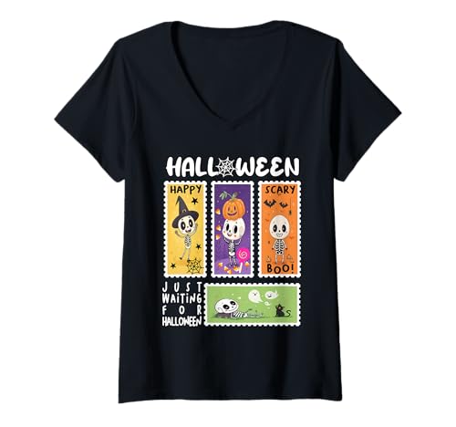 Damen Halloween Porto Stempel Retro Skeleton Halloween Kinder T-Shirt mit V-Ausschnitt Damen Halloween Porto Stempel Retro Skeleton Halloween Kinder T-Shirt mit V-Ausschnitt von Halloween Ghosts Skelettkürbis Hexen -Outfits