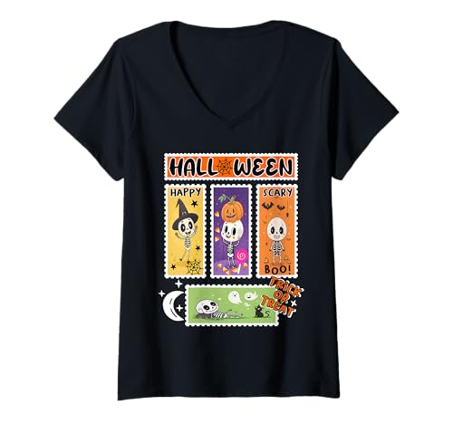 Damen Halloween Porto Stempel Retro Skeleton Halloween Kinder T-Shirt mit V-Ausschnitt Damen Halloween Porto Stempel Retro Skeleton Halloween Kinder T-Shirt mit V-Ausschnitt von Halloween Ghosts Skelettkürbis Hexen -Outfits