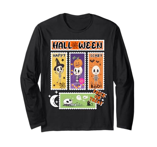 Halloween Porto Stempel Retro Skeleton Halloween Kinder Langarmshirt Halloween Porto Stempel Retro Skeleton Halloween Kinder Langarmshirt von Halloween Ghosts Skelettkürbis Hexen -Outfits