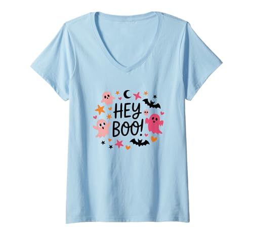 Damen Hey Boo Halloween Ghosts Stars Fun T-Shirt mit V-Ausschnitt Damen Hey Boo Halloween Ghosts Stars Fun T-Shirt mit V-Ausschnitt von Halloween Ghosts Stars Bats Fun Design
