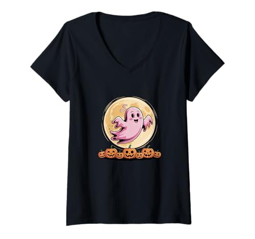 Damen Pink Ghost Halloween Breast Cancer Awareness T-Shirt mit V-Ausschnitt Damen Pink Ghost Halloween Breast Cancer Awareness T-Shirt mit V-Ausschnitt von Halloween Gift Pink Ghost Breast Cancer Awarenes