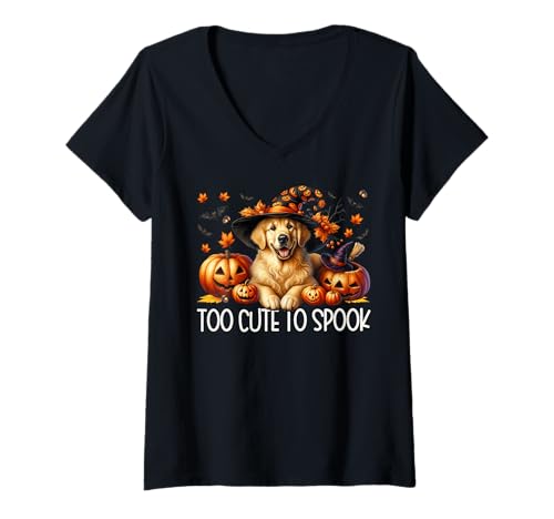 Damen Witchy Halloween Golden Retriever is Too Cute to Spook T-Shirt mit V-Ausschnitt Damen Witchy Halloween Golden Retriever is Too Cute to Spook T-Shirt mit V-Ausschnitt von Halloween Golden Retriever Gifts For Dog Lover