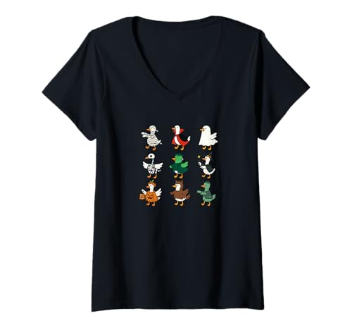 Damen Gruselige Gänseparade Mumie Gänse Geist Skelett Kürbis T-Shirt mit V-Ausschnitt Damen Gruselige Gänseparade Mumie Gänse Geist Skelett Kürbis T-Shirt mit V-Ausschnitt von Halloween Goose Costumes And Funny Spooky Ducks
