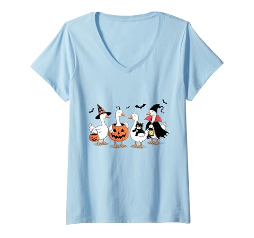 Damen Halloween Gans Design mit Kürbissen & schwarzer Katze lustig T-Shirt mit V-Ausschnitt Damen Halloween Gans Design mit Kürbissen & schwarzer Katze lustig T-Shirt mit V-Ausschnitt von Halloween Goose Design Halloween