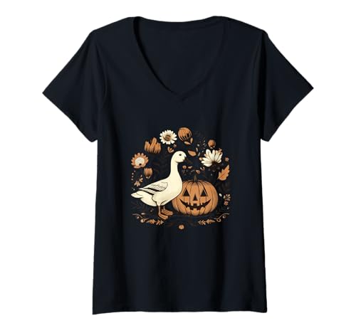 Damen Gans und Kürbis Halloween Blumen T-Shirt mit V-Ausschnitt Damen Gans und Kürbis Halloween Blumen T-Shirt mit V-Ausschnitt von Halloween Goose Pumpkin Flowers Nature