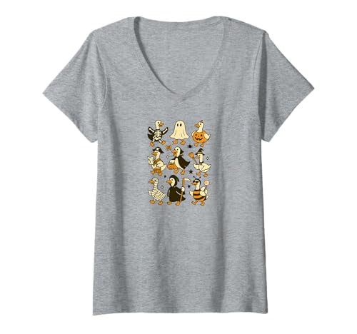 Damen Halloween-Gänsekostüme, lustige gruselige, süße Grafik T-Shirt mit V-Ausschnitt Damen Halloween-Gänsekostüme, lustige gruselige, süße Grafik T-Shirt mit V-Ausschnitt von Halloween Goose Skeleton Pumpkin Witch Pirate