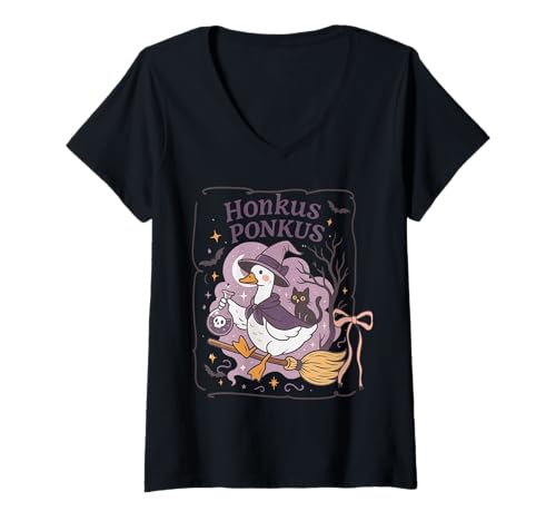 Damen Halloween Gans Hexenbesen Honkus Schwarze Katze Kokette Schleife T-Shirt mit V-Ausschnitt Damen Halloween Gans Hexenbesen Honkus Schwarze Katze Kokette Schleife T-Shirt mit V-Ausschnitt von Halloween Goose Tees of NYC