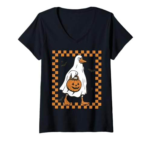 Damen Halloween Goose Trick or Treat Kürbis Geist Retro Checker T-Shirt mit V-Ausschnitt Damen Halloween Goose Trick or Treat Kürbis Geist Retro Checker T-Shirt mit V-Ausschnitt von Halloween Goose Tees of NYC