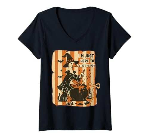 Damen Lustiger Halloween-Gans-Hexenkessel Rührtopf Katze Kokette T-Shirt mit V-Ausschnitt Damen Lustiger Halloween-Gans-Hexenkessel Rührtopf Katze Kokette T-Shirt mit V-Ausschnitt von Halloween Goose Tees of NYC