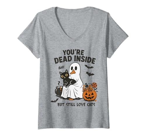 Damen Lustiges Halloween-Goose Ghost Dead Inside Love Cats Mom Dad T-Shirt mit V-Ausschnitt Damen Lustiges Halloween-Goose Ghost Dead Inside Love Cats Mom Dad T-Shirt mit V-Ausschnitt von Halloween Goose Tees of NYC