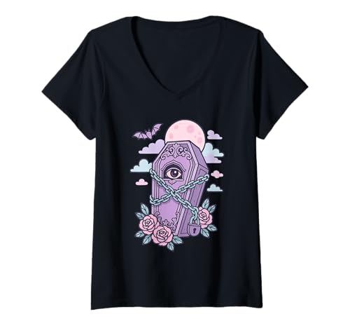 Damen Pastell Gothic Sarg Kawaii Gruselige Halloween Hexe T-Shirt mit V-Ausschnitt Damen Pastell Gothic Sarg Kawaii Gruselige Halloween Hexe T-Shirt mit V-Ausschnitt von Halloween Gothic Wicca Cute Coffin Design