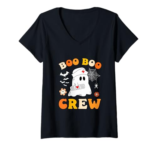 Damen Groovy Boo Boo Crew Krankenschwester Geist Halloween Kostüm für Krankenschwestern T-Shirt mit V-Ausschnitt Damen Groovy Boo Boo Crew Krankenschwester Geist Halloween Kostüm für Krankenschwestern T-Shirt mit V-Ausschnitt von Halloween Groovy Boo Boo Crew Nurse women Ghost