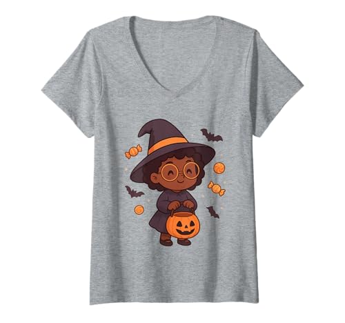 Damen Afroamerikanische Halloween-Hexe Trick or Treat T-Shirt mit V-Ausschnitt Damen Afroamerikanische Halloween-Hexe Trick or Treat T-Shirt mit V-Ausschnitt von Halloween Headquarters