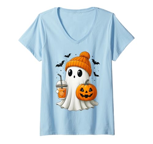 Damen Kawaii Geist mit Kürbis und Herbst Drink Halloween T-Shirt mit V-Ausschnitt Damen Kawaii Geist mit Kürbis und Herbst Drink Halloween T-Shirt mit V-Ausschnitt von Halloween Herbst Motive