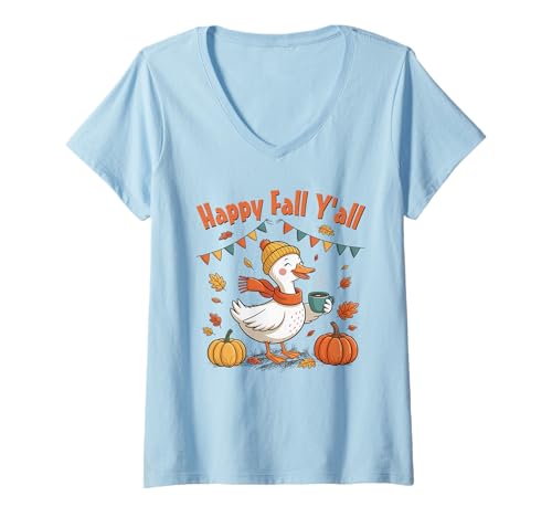 Damen Halloween Herbst Outfit Damen Mädchen Kinder Kürbis Gans T-Shirt mit V-Ausschnitt Damen Halloween Herbst Outfit Damen Mädchen Kinder Kürbis Gans T-Shirt mit V-Ausschnitt von Halloween Herbst Outfit Damen Mädchen Kinder