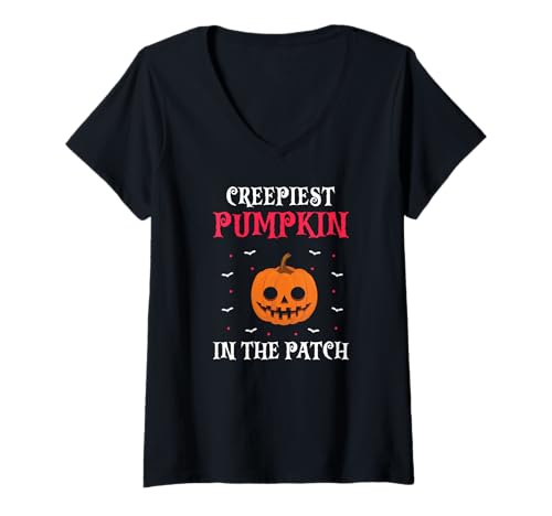 Damen Gruseligster Kürbis im Feld Lustiger Halloween Spruch T-Shirt mit V-Ausschnitt Damen Gruseligster Kürbis im Feld Lustiger Halloween Spruch T-Shirt mit V-Ausschnitt von Halloween Herbst Spaß Kürbis Freunde