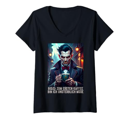 Damen Funny Halloween Kostüm Kaffee Vampir T-Shirt mit V-Ausschnitt Damen Funny Halloween Kostüm Kaffee Vampir T-Shirt mit V-Ausschnitt von Halloween Herren und Damen Kostüme