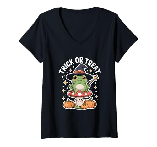 Damen Süßes Oder Saures Trick Or Treat Hexenfrosch Kürbisse T-Shirt mit V-Ausschnitt Damen Süßes Oder Saures Trick Or Treat Hexenfrosch Kürbisse T-Shirt mit V-Ausschnitt von Halloween Hexe Frosch Kürbis Pilz Zauberstab