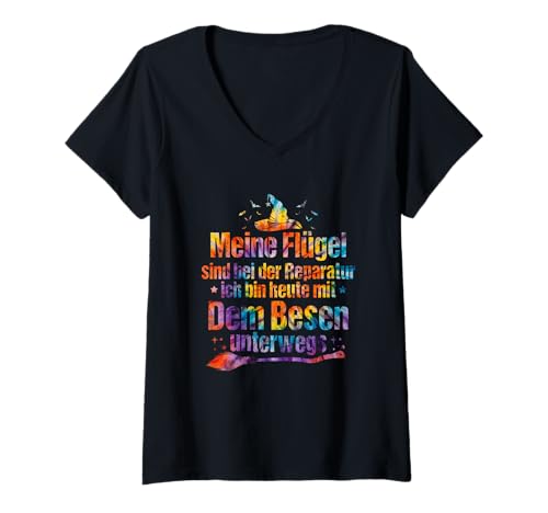 Damen T-Shirt with German Text Meine Flügel Sind Bei Der Reparatur T-Shirt mit V-Ausschnitt Damen T-Shirt with German Text Meine Flügel Sind Bei Der Reparatur T-Shirt mit V-Ausschnitt von Halloween Hexe Meine Flügel Sind Bei Der Reparatur