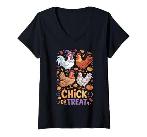 Damen Küken oder Behandlungs Halloween Hexe Spooky Hähnchenbauer T-Shirt mit V-Ausschnitt Damen Küken oder Behandlungs Halloween Hexe Spooky Hähnchenbauer T-Shirt mit V-Ausschnitt von Halloween Hexe gruselige Hühnermänner Frauen Kind