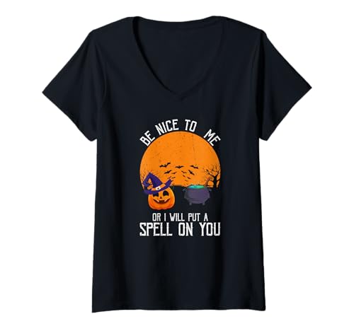 Damen Behandle Mich gut oder erleide den Zauber T-Shirt mit V-Ausschnitt Damen Behandle Mich gut oder erleide den Zauber T-Shirt mit V-Ausschnitt von Halloween Hexenkessel Kürbis Mond Szene
