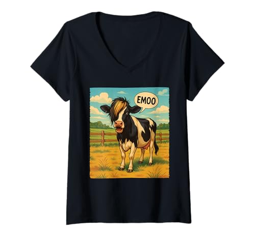 Damen Lustiger Emoo Kuh Halloween Goth Punk Grunge Stil T-Shirt mit V-Ausschnitt Damen Lustiger Emoo Kuh Halloween Goth Punk Grunge Stil T-Shirt mit V-Ausschnitt von Halloween Highland Cow