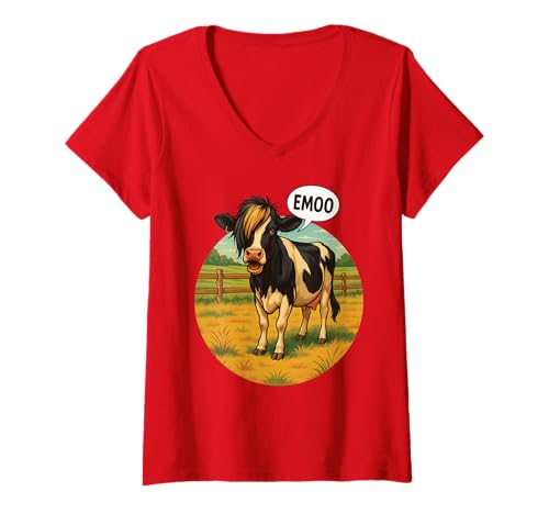 Damen Lustiger Emoo Kuh Halloween Goth Punk Grunge Stil T-Shirt mit V-Ausschnitt Damen Lustiger Emoo Kuh Halloween Goth Punk Grunge Stil T-Shirt mit V-Ausschnitt von Halloween Highland Cow