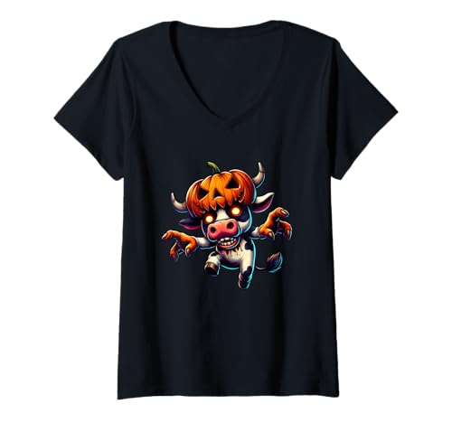 Damen Gruseliger Cartoon Zombie Kuh Halloween Kürbis Oktober T-Shirt mit V-Ausschnitt Damen Gruseliger Cartoon Zombie Kuh Halloween Kürbis Oktober T-Shirt mit V-Ausschnitt von Halloween Horror Cow Designs