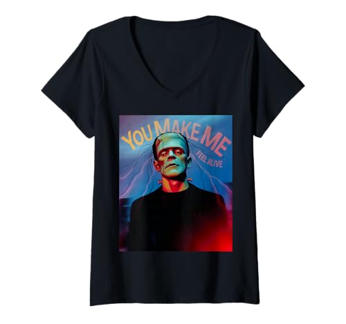 Damen Lustiges Monster Spruch You Make Me Feel Alive Humor Frauen Männer T-Shirt mit V-Ausschnitt von Halloween Horror Creature Lovers Spooky Romance
