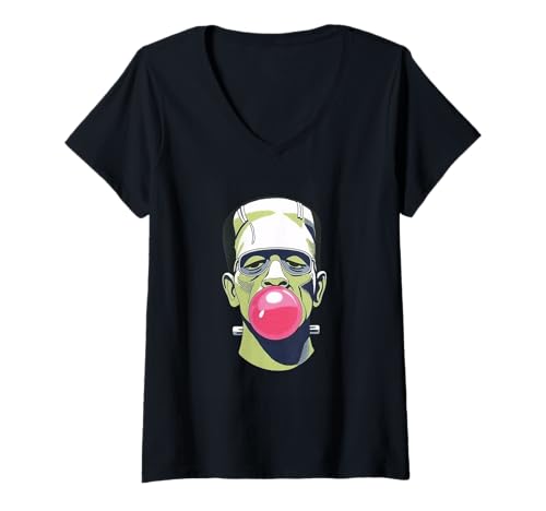 Damen Halloween Frankenstein Monster Blowing Bubblegum Lustig Gruselig T-Shirt mit V-Ausschnitt Damen Halloween Frankenstein Monster Blowing Bubblegum Lustig Gruselig T-Shirt mit V-Ausschnitt von Halloween Horror Meme Lovers Retro Monster Fans