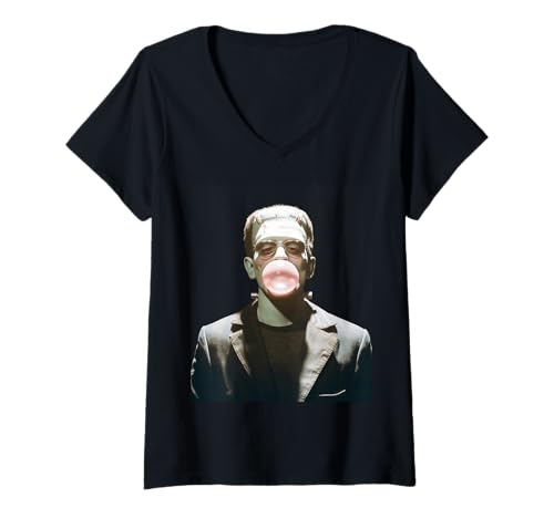 Damen Lustige Halloween-Narbe mit Frankenstein-Monster beim Blasen von Kaugummi T-Shirt mit V-Ausschnitt Damen Lustige Halloween-Narbe mit Frankenstein-Monster beim Blasen von Kaugummi T-Shirt mit V-Ausschnitt von Halloween Horror Meme Lovers Retro Monster Fans