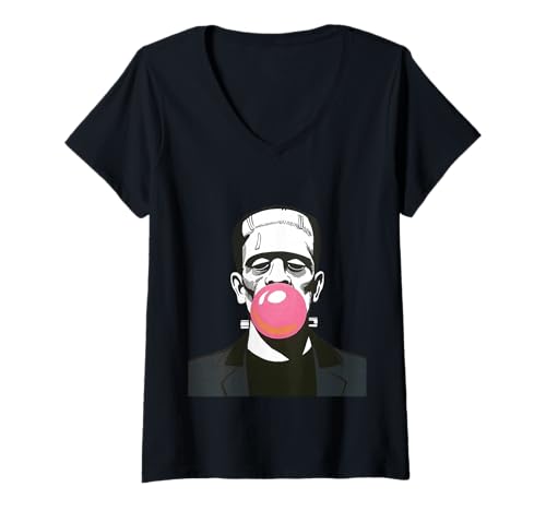 Damen Lustige Halloween-Narbe mit Frankenstein-Monster beim Blasen von Kaugummi T-Shirt mit V-Ausschnitt Damen Lustige Halloween-Narbe mit Frankenstein-Monster beim Blasen von Kaugummi T-Shirt mit V-Ausschnitt von Halloween Horror Meme Lovers Retro Monster Fans