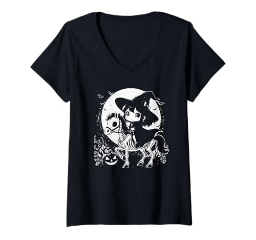 Damen Halloween Mädchen Hexe Reitpferd Skelett T-Shirt mit V-Ausschnitt von Halloween Horse Lover Outfits Girls Women