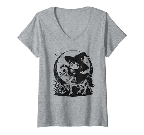Damen Hexe Reitpferd Skelett niedlich gruselig Halloween Mädchen T-Shirt mit V-Ausschnitt von Halloween Horse Lover Outfits Girls Women